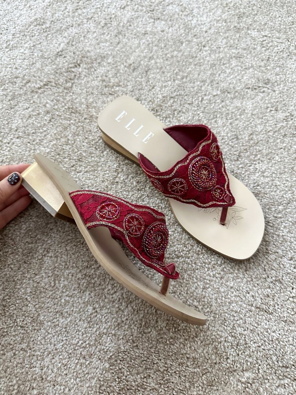 Elle Vintage Y2K 2000s Bollywood Red Beaded Lace Heeled Sandals Size 7